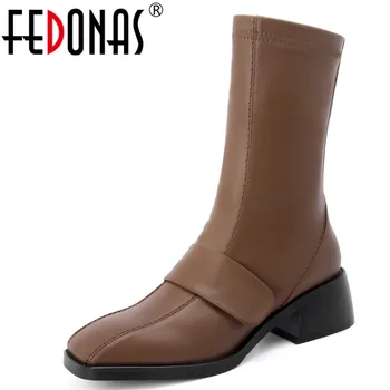 

FEDONAS 2020 Popular Women Square Toe Ankle Boots Genuine Leather Chelsea Boots Brand Party Shoes Woman Fashion Chunky Heels