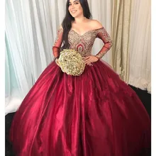Красный сладкий 16 маскарад пышное платье бальное платье с открытыми плечами, расшитое золотистым кружевом арабский Vestidos 15 Anos; сезон лето платье для девочек на день рождения платья для выпускного бала