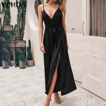 

VONDA 2020 Summer Jumpsuits Women Sexy V Neck Rompers Plus Size Solid Wide Leg Pants Beach Long Playsuit Casual Loose Overalls