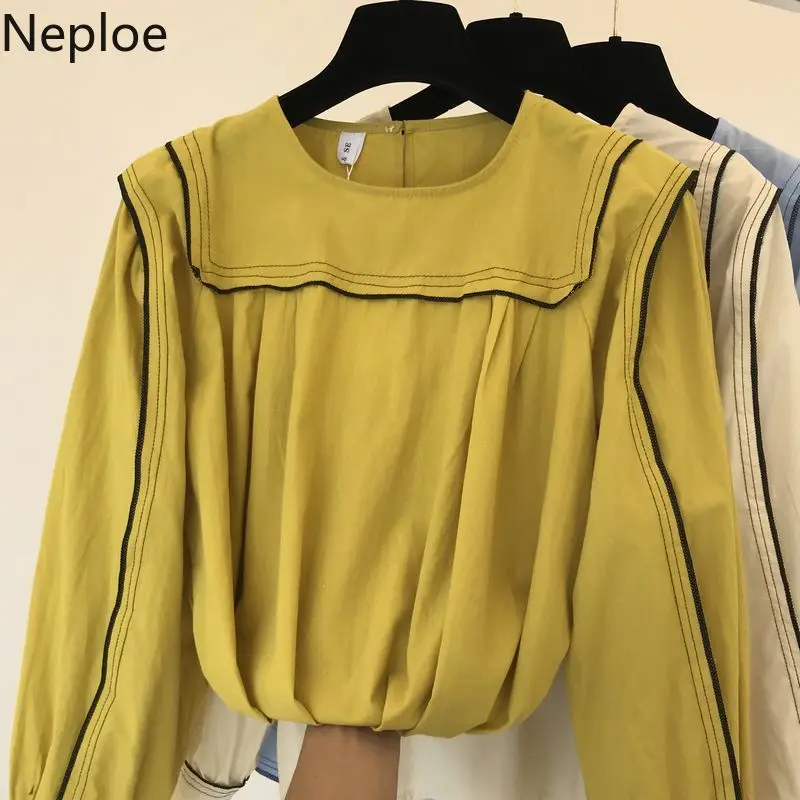 Neploe Korean Vintage Women Blouse Elegant Puff Long Sleeve Office Ladies Shirts Blusas Fashion Cotton Linen Tops and Blouses