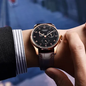 

Corgeut 42mm Automatic Mechanical Mens Watch Fashtion Power Reserve Date Sport Waterproof Leather Strap Wristwatch Men