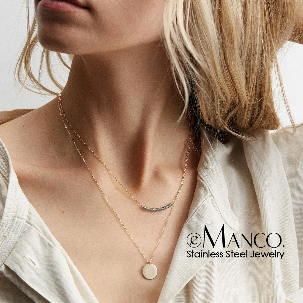 

eManco Double Layer Necklace Set Stainless Steel Choker Necklaces for Women Crystal Round Pendant Fashion Jewelry Drop Shipping