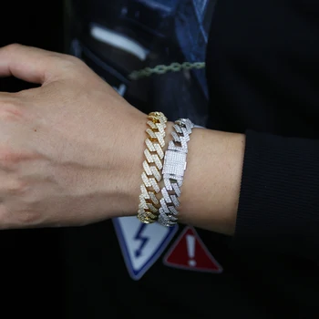 

12mm Hip Hop Bling Iced Out Men's Rapper Bracelet 2rows Rhinestone Paved Curb Cuban Link Chain Bracelet for Men Jewelry Gift
