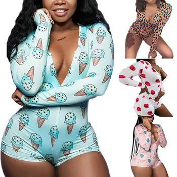 

Deep V Neck Long Sleeve Bodycon Bodysuit 2020 Women's Fashion Printed Pajama Set Nightwear One Piece Jumpsuit Casual Homewear