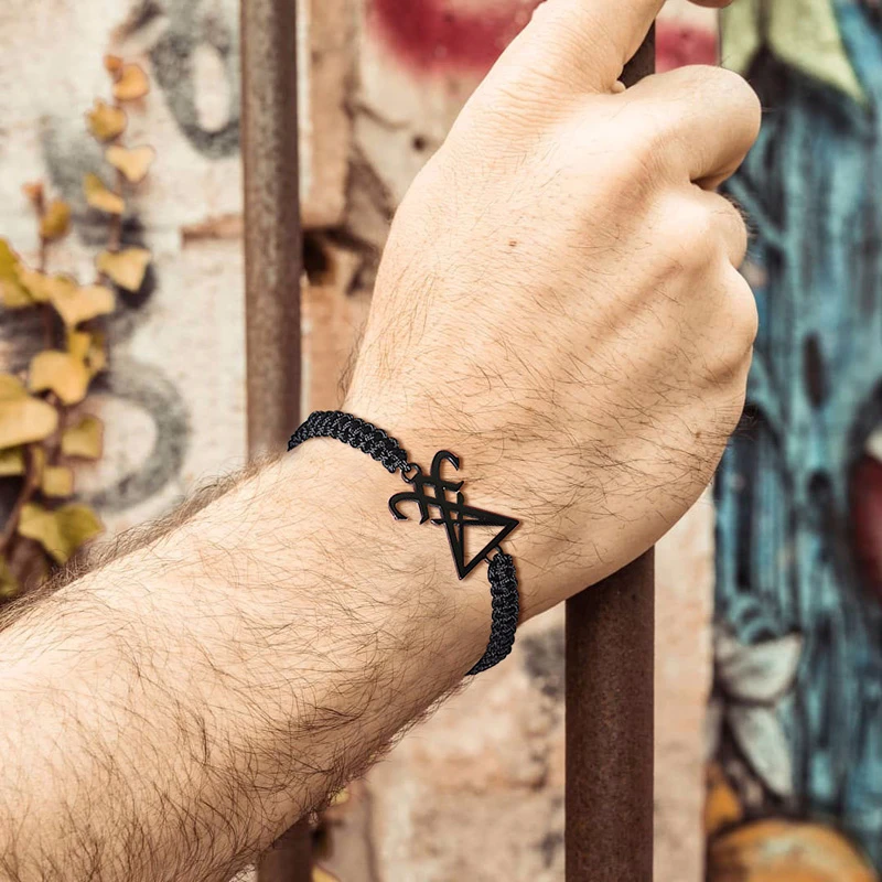 

ADJUSTABLE BLACK BRAIDED WITH STAINLESS STEEL SATANIC LEVIATHAN CROSS SIGIL OF LUCIFER BRACELET FOR MEN UNISEX JEWELRY