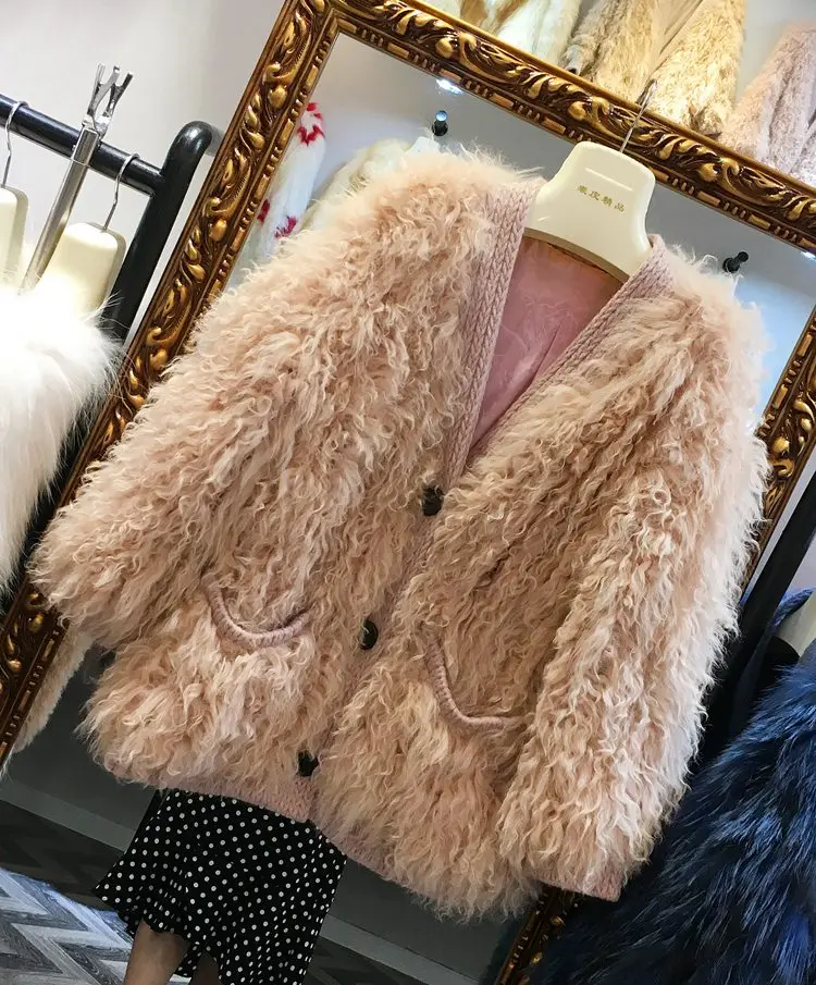 pink Женское зимнее пальто из натурального овечьего меха, вязаные стили, Новая модная женская теплая куртка с v-образным вырезом, верхняя одежда из настоящего овечьего меха - Цвет: pink