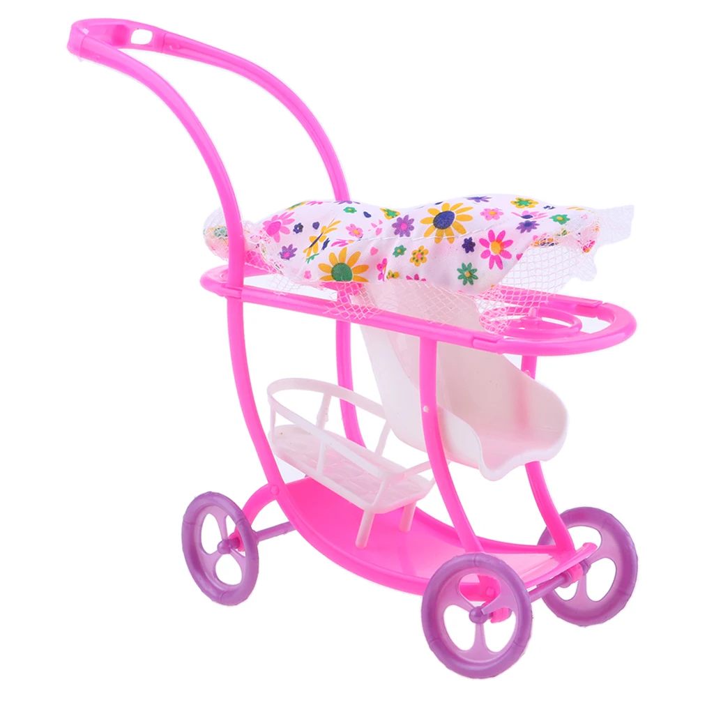 Lovely Plastic Mini Baby Doll Stroller Push Car Dolls Trolley Dollhouse Bedroom Decor Life Scenes Kids Toy