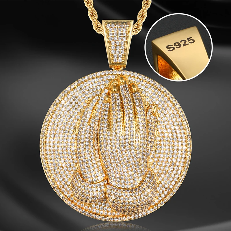 Ожерелье с подвеской Bling Pray Hand, 925 пробы, серебряная подвеска, золотой цвет, для мужчин, хип-хоп, модные ювелирные изделия, ледяная цепочка