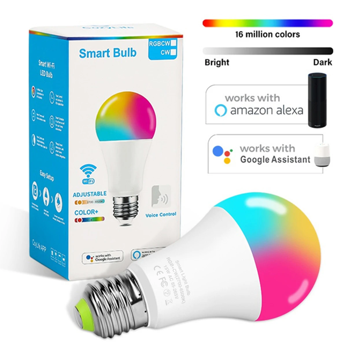 1 шт. 15 Вт WiFi умная лампочка E27 B22 с регулируемой яркостью RGB + CW Светодиодный