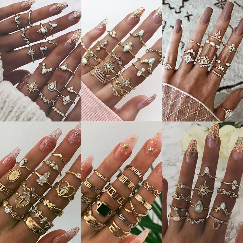 KSRA-anillos de nudillos de estrella de oro Vintage para mujer, anillos de cristal bohemio, Estrella creciente geométrica, conjunto de anillos de dedo para mujer, joyería 2020