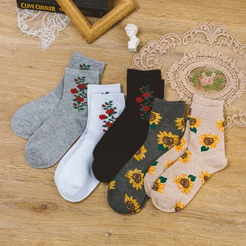 

5 Pairs Women Crew Socks Vintage Sunflower Rose Harajuku Skateboard Socks Women Socks Korean Fashion