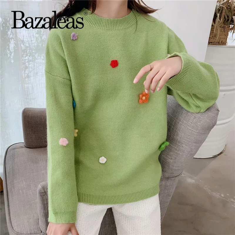 

Bazaleas 2019 Autumn Green Color Women Knitting Pullover Tops O Neck Floral Appliques Casual Sweater Drop shipping