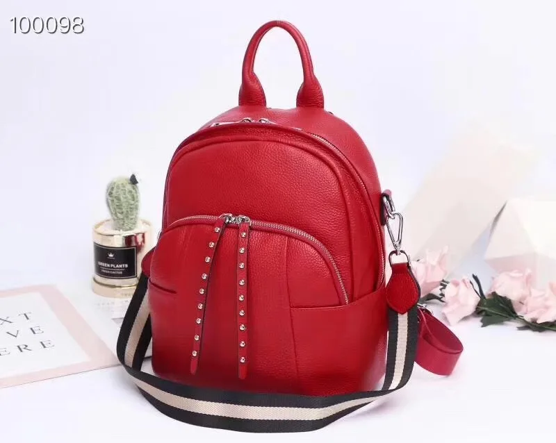 Женский рюкзак с заклепками, черный, натуральная кожа, сумка для книг, Большая вместительная сумка на плечо, корейский, для колледжа, простой рюкзак - Цвет: Красный