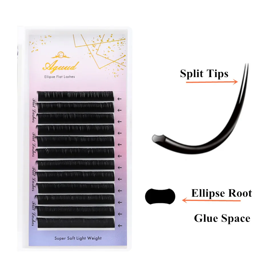 Description Picture 4 of itemAGUUD Ellipse Flat Lashes Extensions Double Split Tip 0.15 0.20 B C CC D DD Super Dark Black Flat Eyelash Extension Makeup Cilia