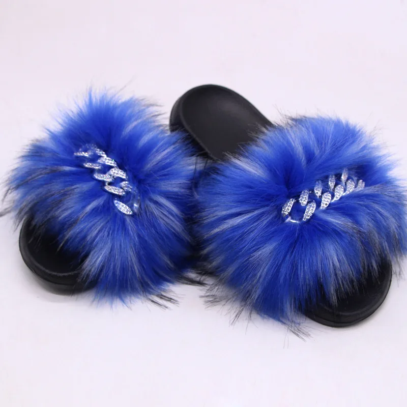 

New spring and summer raccoon like fur slippers, women's flat sandals and mahogany plush slippers
