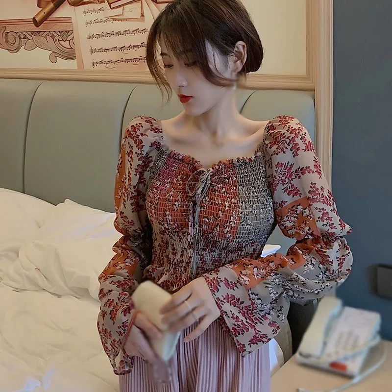 Women Blouses Sexy Korean Floral Patchwork Color Long Sleeve Chiffon Blouse One Size Femmes Shirt black long sleeve top