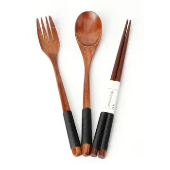 

4pcs Set Japanese Wooden Chopsticks Spoon Fork Tableware F3ME