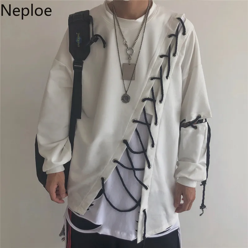 Neploe Harajuku Хип Хоп Уличная футболка оверсайз Топы для женщин пара шнуровка повязки Футболки Длинный рукав Лоскутная футболка