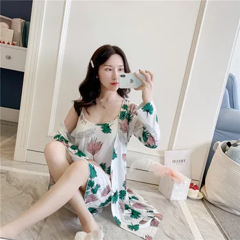 

Nightgown Summer Autumn 2020 Women Night Dress Sets 2 Pcs Sexy Lace Pyjamas Women Satin Silk Sleepwear Elegant Pijamas Homewear