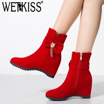 

WETKISS Big Size Ladies Ankle Boots Butterfly Knot Sweet Girls Shoes Height Increasing Short Booties High Heel Woman Winter Boot