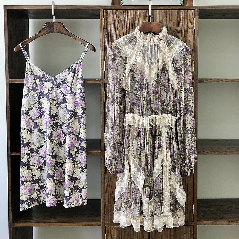 

Luxury Runway Dress 2019 Autumn Fashion Prairie Style Holiday Long Lantern Sleeve Lace Patchwork Real Silk Eelgant Mini Dresses