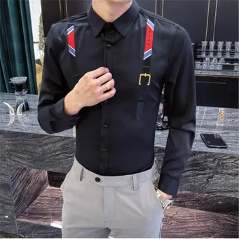 

Brand New Shirt Dress Fashion Men Clothes 2019 Long Sleeve Shirt Men Embroidery Belt Design Casual Slim Fit Mens Shirts Tuxedo