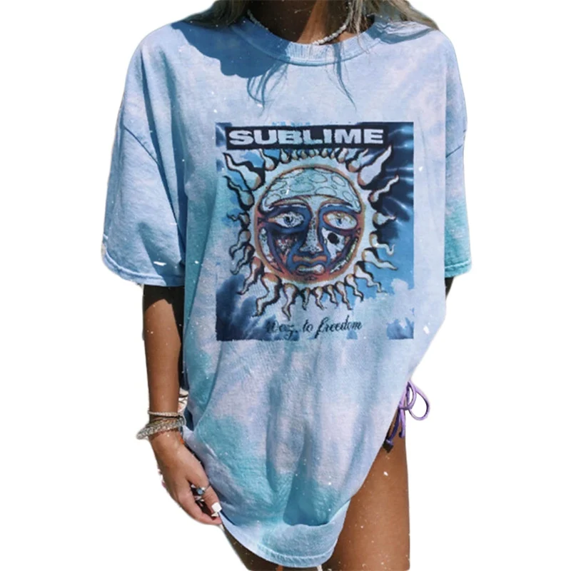

Tie Dye Shirt Blue Color Harajuku T-Shirt Graffiti Lettering Print Women Tops Crew Neck Short Sleeve Loose Tshirts