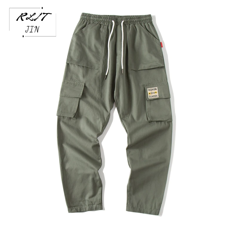 

RLJT.JIN 2019 New Youth fashion casual men's trousers Big pocket jogger monochromatic pants man overalls Many pockets