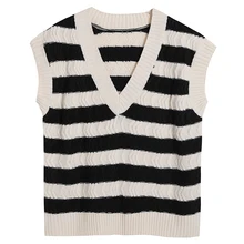 

2022 Spring New Collections V Neck Striped White and Black Sweater Vest cozy knits Long boxy Knitswear chaleco mujer