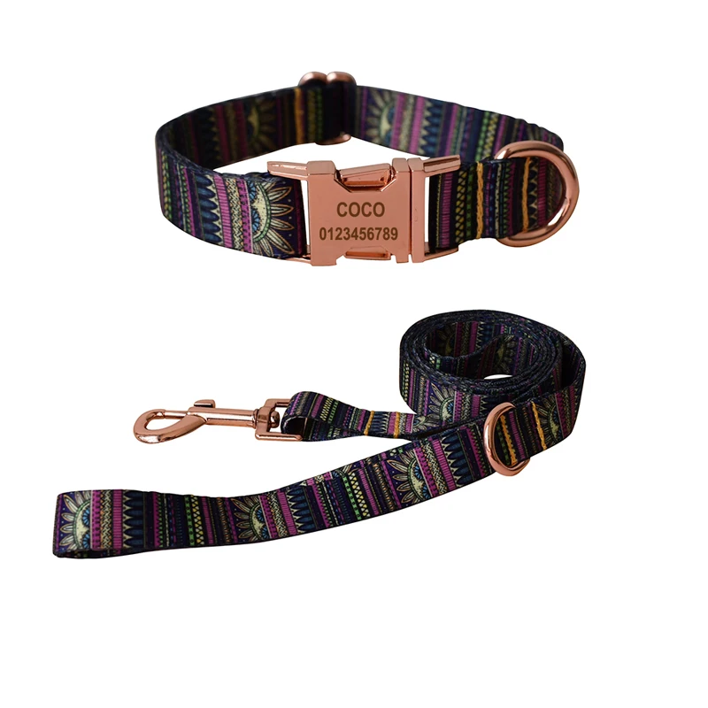 Ethnic style dog collar and leash set for Small Medium Large Dogs Custom Engraved Nameplate Pet Supplies custom dog leash 