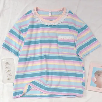 

Mori Girl Kawaii Rainbow Stripe Lace Collar T-shirt Tee Harajuku Lolita Small fresh Cotton Loose Short Sleeve Tee Tops Students