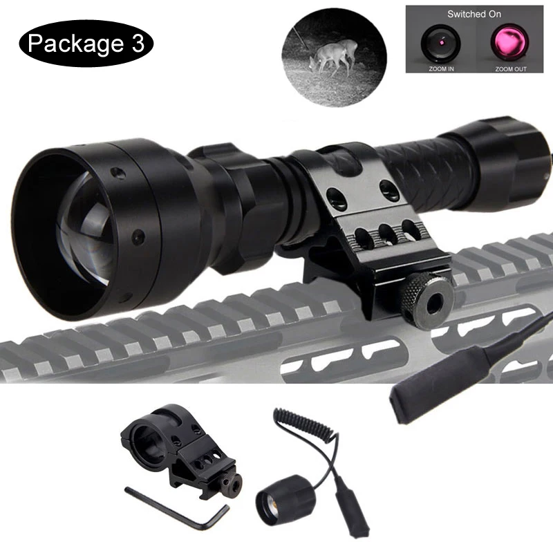 Package 3 T50 Zoomable инфракрасный светильник охотничий фонарь черный 850nm ИК ночного видения осветитель+ крепление винтовки+ переключатель+ 2*18650+ USB зарядное устройство - Цвет: Package 3
