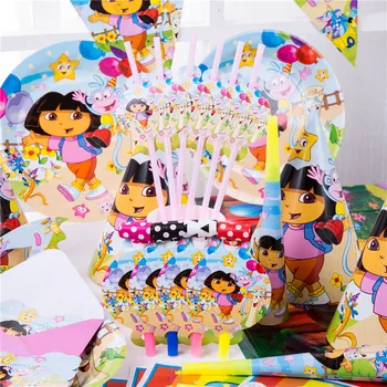 

90pcs Dora the Explorer Kids Birthday Party Supplies Paper Cup Plates Napkins Tablecloth Baby Shower Decorations Event Favors