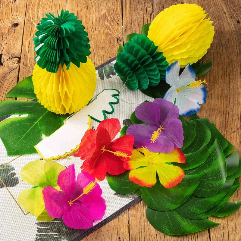 102 Pieces Hawaiian Tropical Jungle Party Decoration Set Including Tropical Palm Simulation Leaves Silk Hibiscus Flowers Tissue