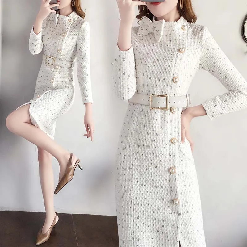 Французская Виктория фу ГУ Кунь стиль осенняя и зимняя одежда элегантное приталенное обтягивающее изящное шерстяное платье