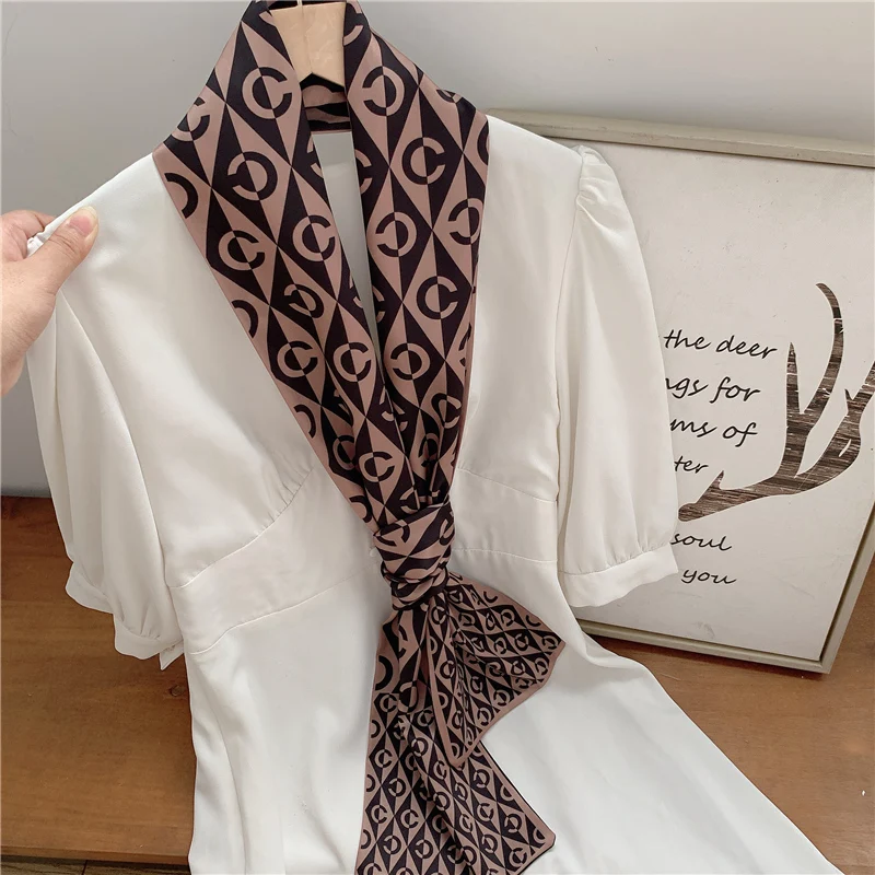 

17X150CM Women Neckchiefs Hair Ribbon Long Silk Scarf For Ladies Female Professional Autumn Winter French Retro Turban Scarf