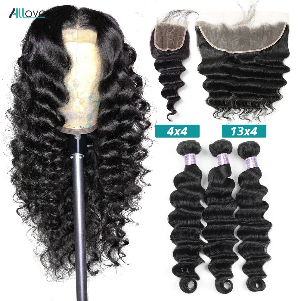 Allove pacotes de onda do corpo com frontal transparente rendas frontal com pacotes cabelo humano brasileiro pacotes com fechamento não remy
