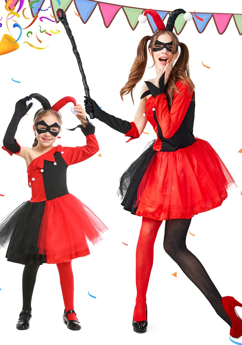 Харли Квинн, клоун Джокер Косплэй костюм для маленькой девочки Для женщин Harley queen маскарадные костюмы с принтами "отряд самоубийц", ", карнавальные костюмы на Хэллоуин