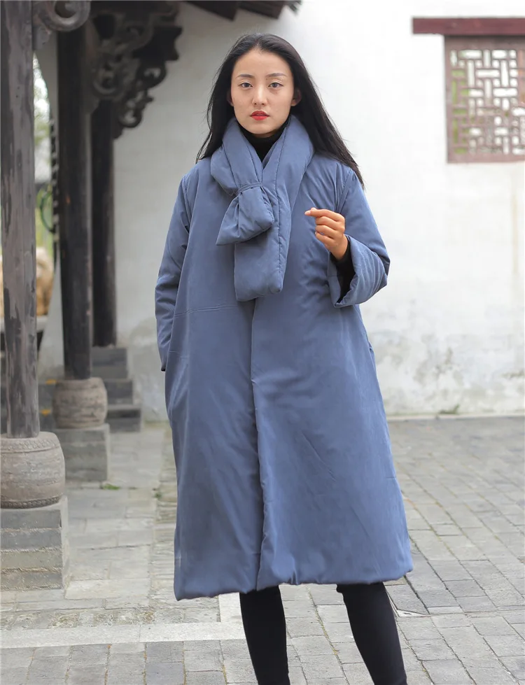 Johnature Women Chinese Style Parkas Solid Color Long Sleeve Winter New V-Neck Button Loose Women Cloths Vintage Parkas