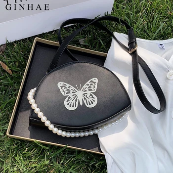 

Vintage Black Baguette shape Shoulder Bag For Women Butterfly Girls Armpit Handbags Pearl Crossbody Bags Retro Cute Tote Bags