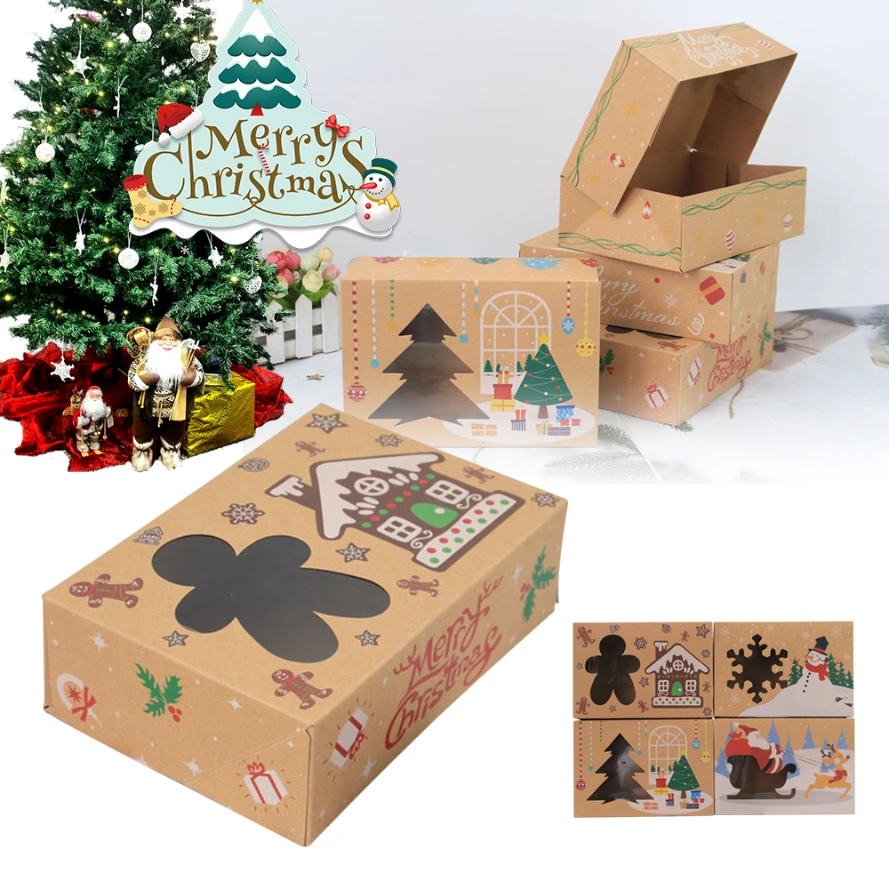 

12pcs Kraft Paper Candy Boxes Merry Christmas Cookie Gift Box Clear Window Packaging Bag Party Favor New Year Decoration