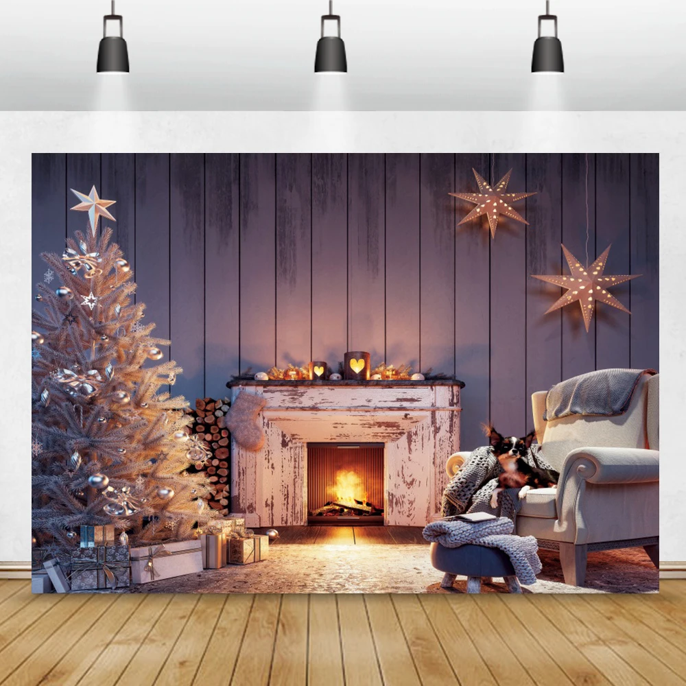 Winter Christmas Fireplace Backdrop Christmas Tree Gifts Photography  Background