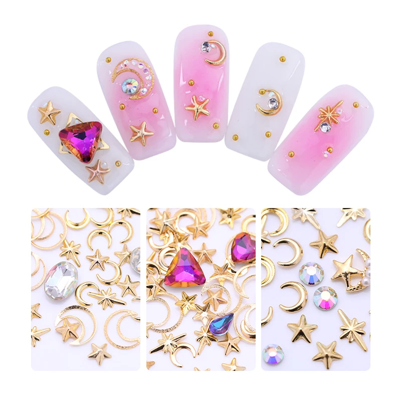 

1 Box 3D Nail Studs Colorful Gold Moon Star Rivets Mixed Metal Rhinestone Pearl Nail Art DIY Design Decoration Accessories