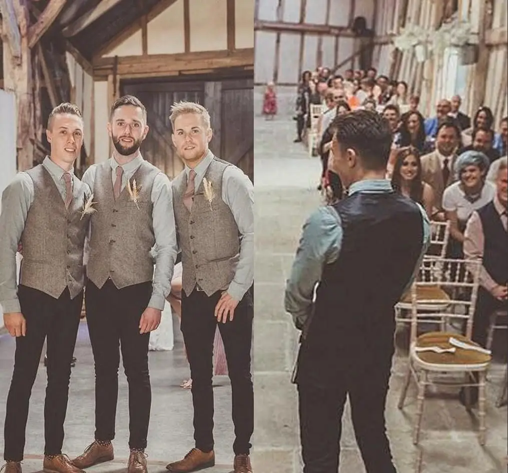 Vintage Brown tweed Vests Herringbone British Style Made Men's Suit Slim Fit Blazer Wedding Suits for Men