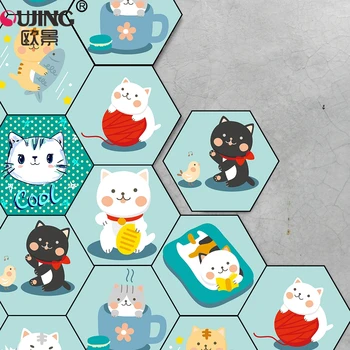 

Cartoon Cute Kitten Cats Hexagon Tile Floor Wall Sticker Kid's Rooms Nursery Bathroom Non-slip Mat Waterproof PVC DIY Art Mural