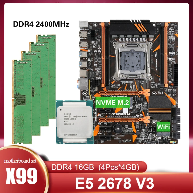 Материнская плата Kllisre X99 D4 combo с Xeon E5 2678 V3 LGA2011 3 CPU 4 шт. X ГБ = 16 Гб 2400 МГц DDR4 ECC