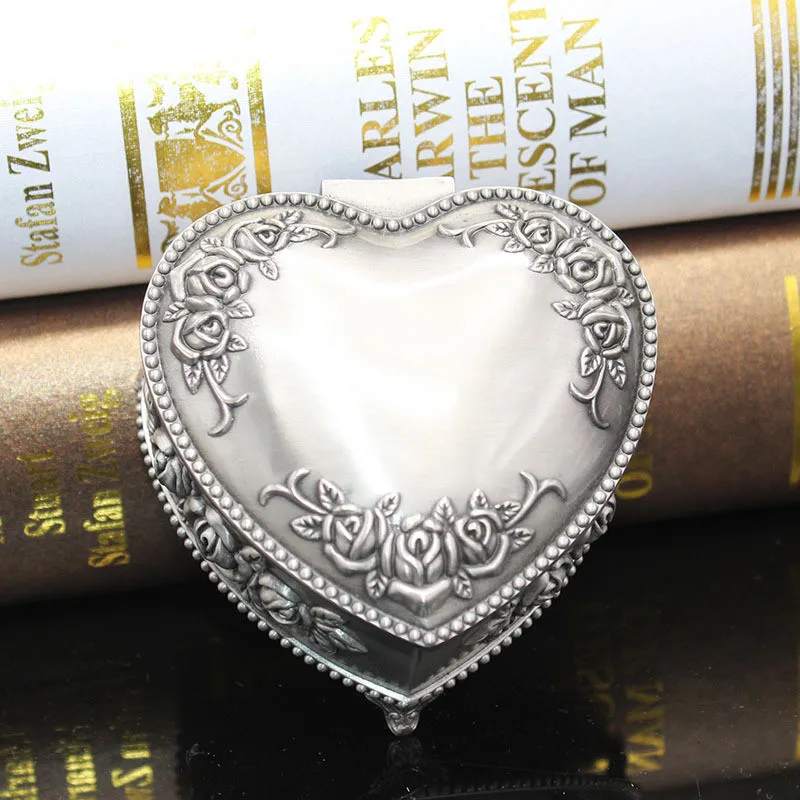 Classic Vintage Heart Shape Metal Rose Jewelry Box Ring Trinket Storage Organizer Chest Christmas Brithday Gift