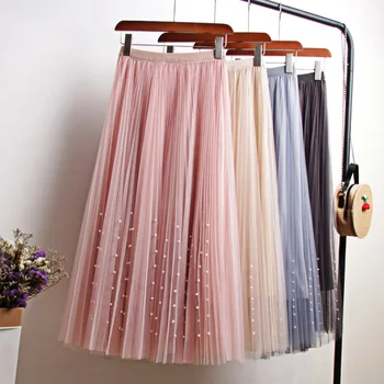 

Autumn Summer Skirts Women Beading Mesh Tulle Skirt New Fashion Korean Style Elastic High Waist Female Long Pleated Skirt P059