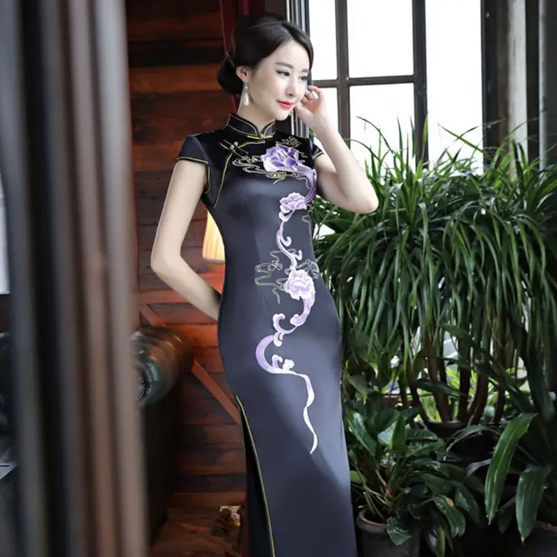 Ретро атмосферное платье Чонсам с длинными рукавами темперамент Qipao юбка цветочный узор Cheongsam Печатный Vestido