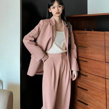 

Trousers Women Suit Notched Long Casual Jacket Blazer Female+Button Wide Leg Pant 2 Piece 2020 Womens Spring Summer Pink Outfits